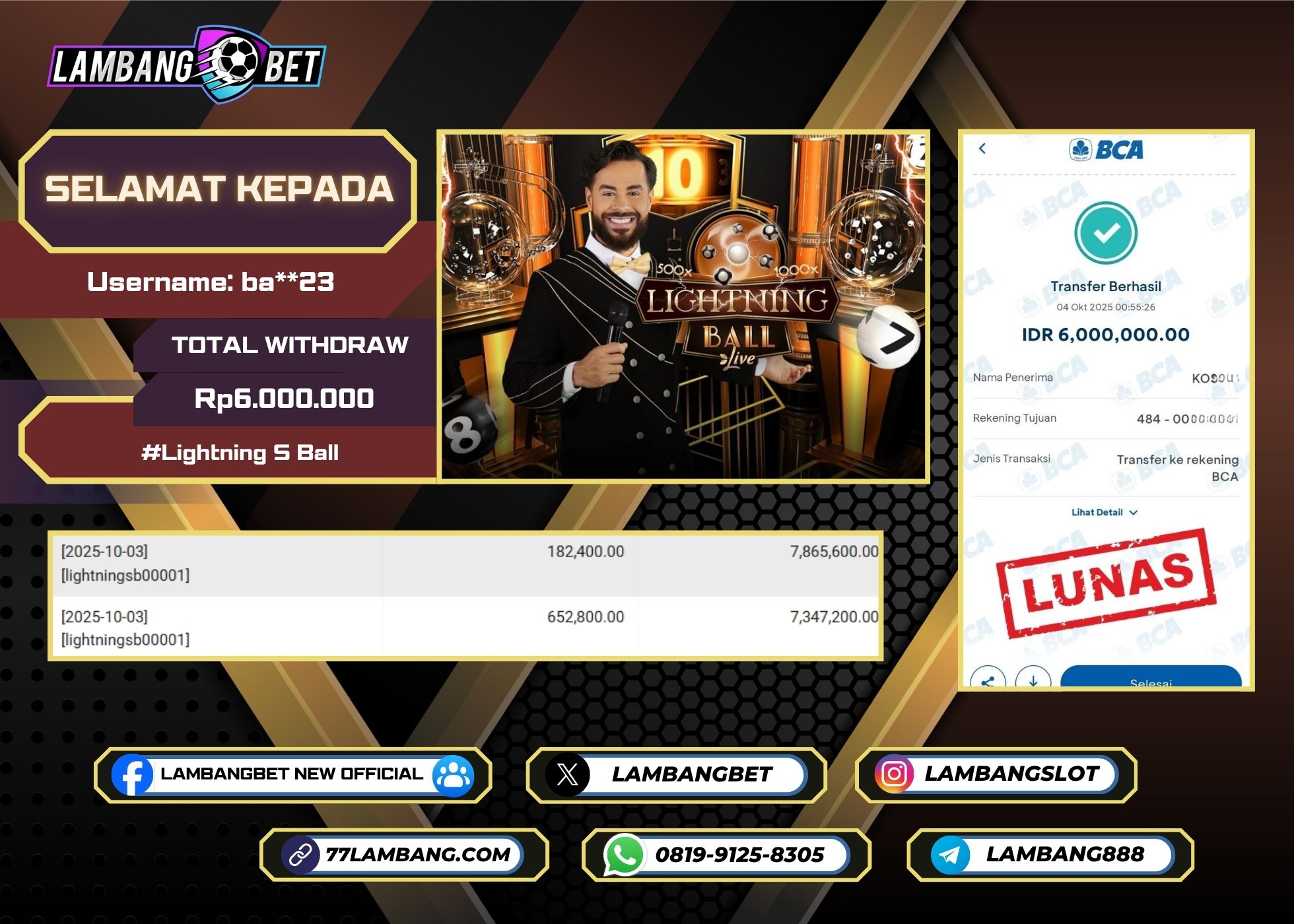 LAMBANGBET [4 OKTOBER 2025] JACKPOT LIVE CASINO Lightning S Ball "Rp6.000.000" LUNAS